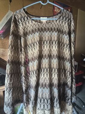 Brown & Cream Patterned Long Sleeve Tunic with Light Blue Accents